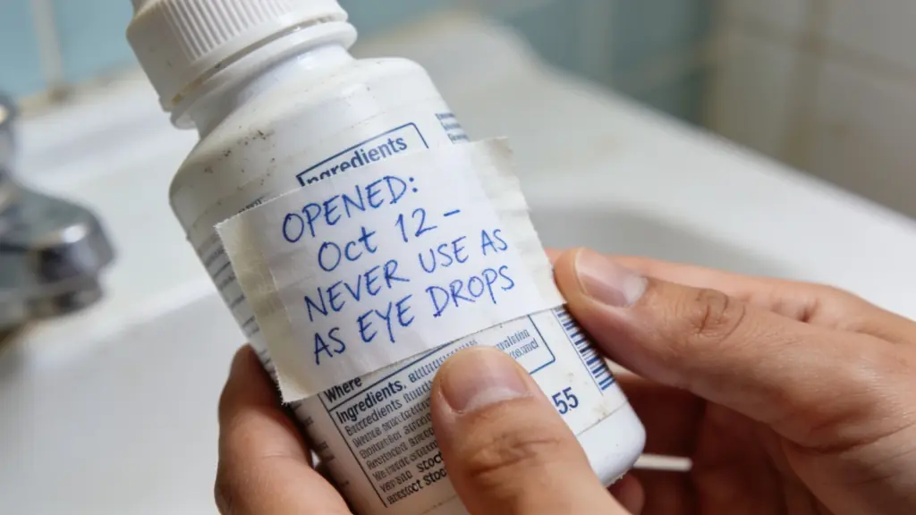 Contact lens solution bottle with a handwritten safety reminder warning against using cleaning saline as direct eye drops.
