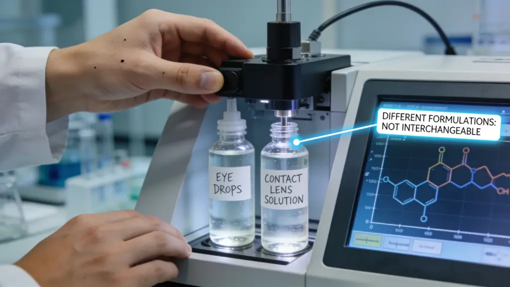 Lab analysis comparing the chemical formulations and preservative differences between contact lens solution and regular lubricating eye drops.