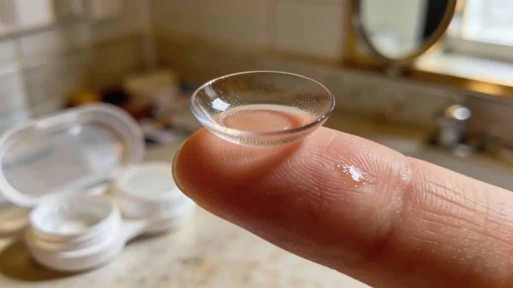 Performing the taco fold test in the palm of a hand to determine if a soft contact lens is inside out or right side in.