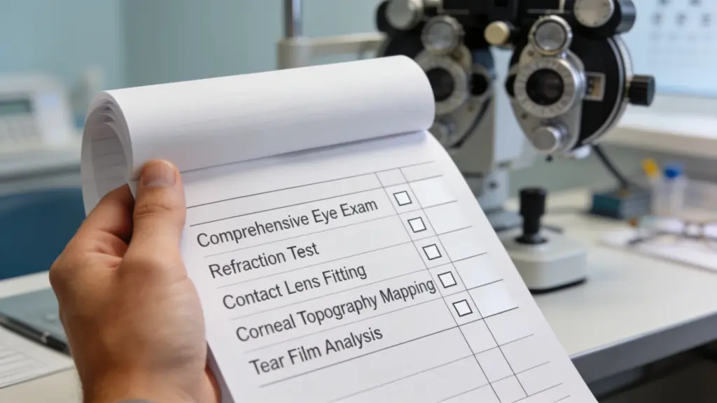 Patient undergoing a corneal topography mapping test during a specialized contact lens fitting exam to measure eye curvature.