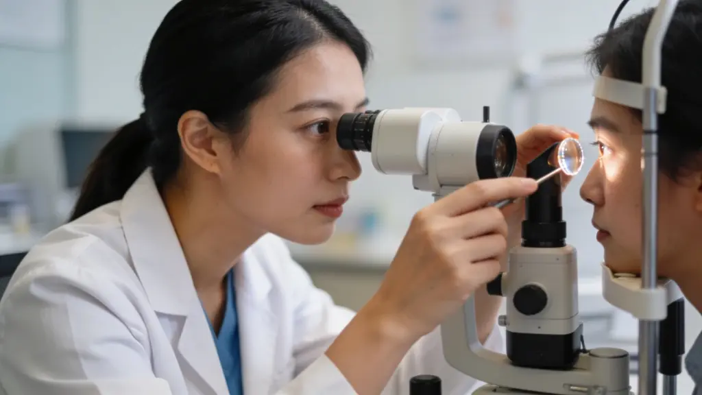 optometrist measuring corneal curvature with keratometer for contact lens base curve fitting