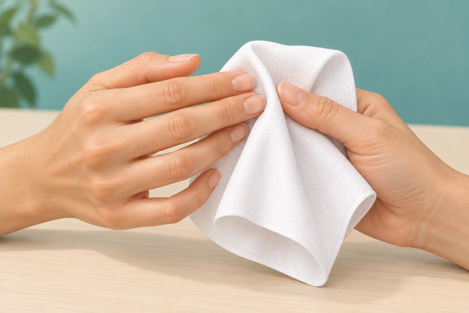 Hands drying fingertips with a clean lint-free cloth before handling contact lenses.