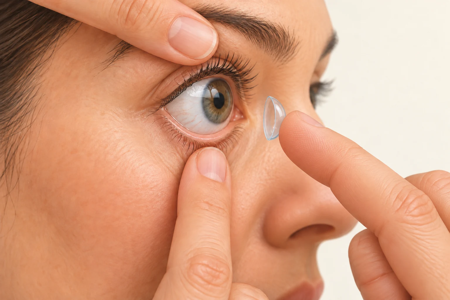 One hand lifts the upper eyelid while the other lowers the bottom lid and holds a lens on the index fingertip.